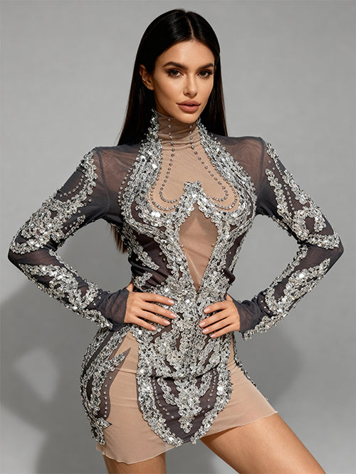 Shibei Sparkling Rhinestone Mesh See Through Long Sleeved Dress