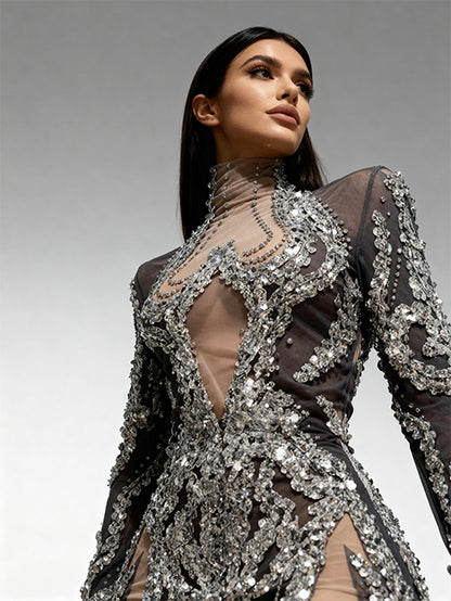 Shibei Sparkling Rhinestone Mesh See Through Long Sleeved Dress