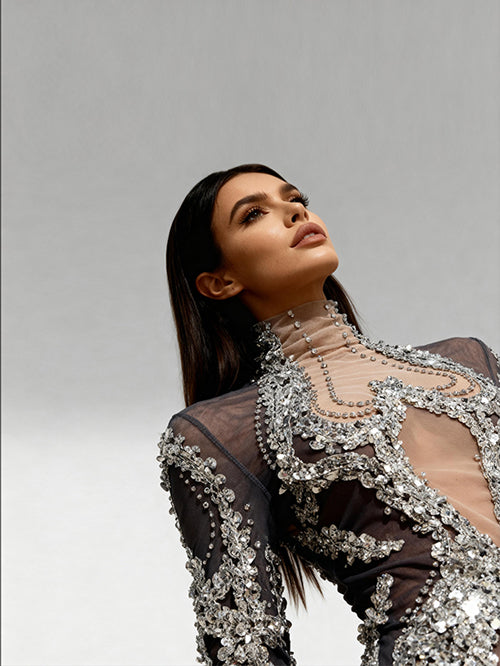 Shibei Sparkling Rhinestone Mesh See Through Long Sleeved Dress