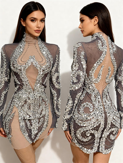 Shibei Sparkling Rhinestone Mesh See Through Long Sleeved Dress