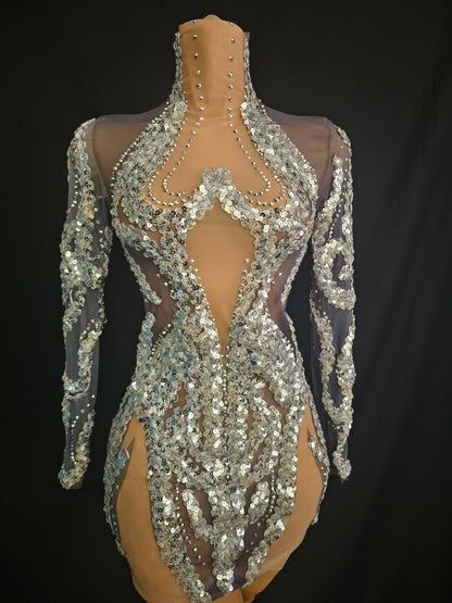 Shibei Sparkling Rhinestone Mesh See Through Long Sleeved Dress