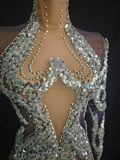 Shibei Sparkling Rhinestone Mesh See Through Long Sleeved Dress