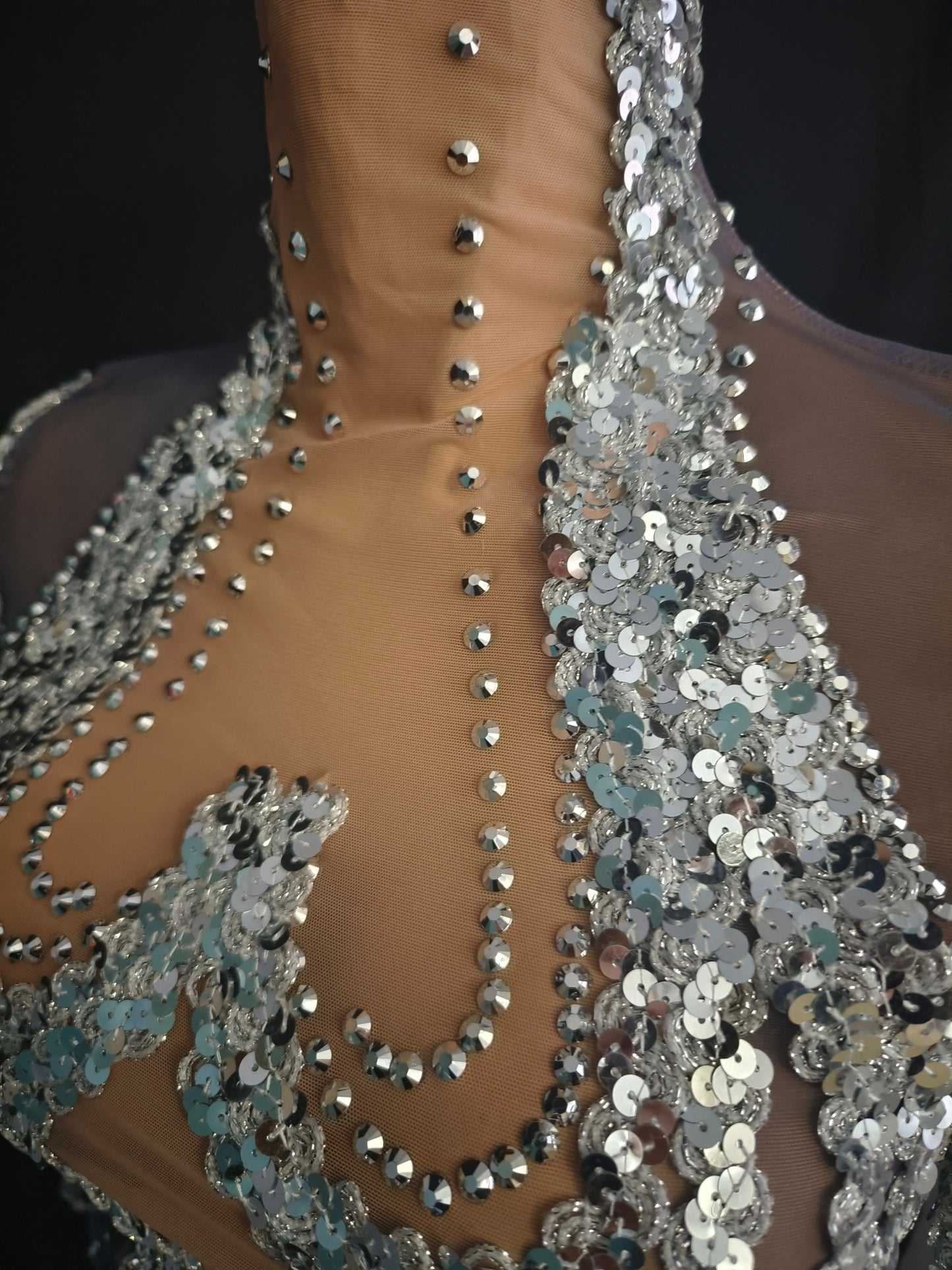 Shibei Sparkling Rhinestone Mesh See Through Long Sleeved Dress