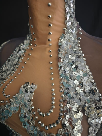 Shibei Sparkling Rhinestone Mesh See Through Long Sleeved Dress