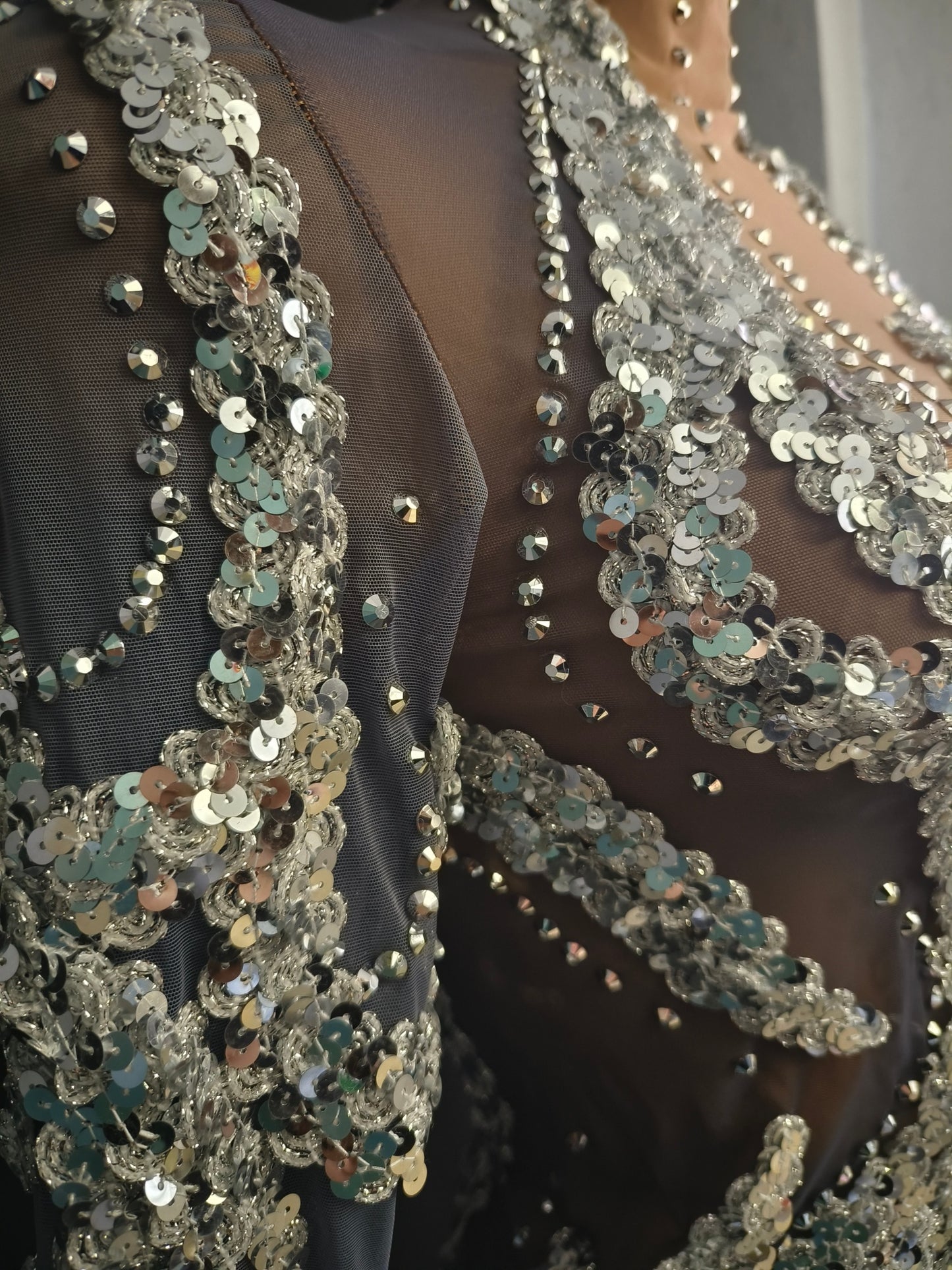 Shibei Sparkling Rhinestone Mesh See Through Long Sleeved Dress