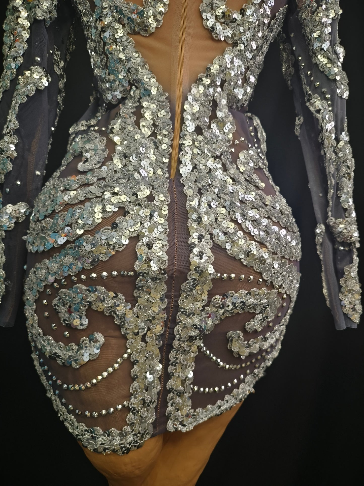 Shibei Sparkling Rhinestone Mesh See Through Long Sleeved Dress