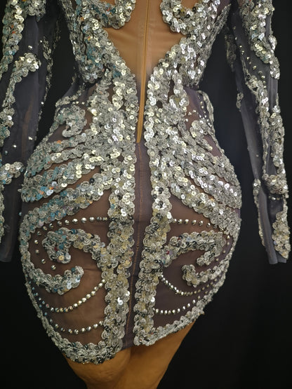 Shibei Sparkling Rhinestone Mesh See Through Long Sleeved Dress