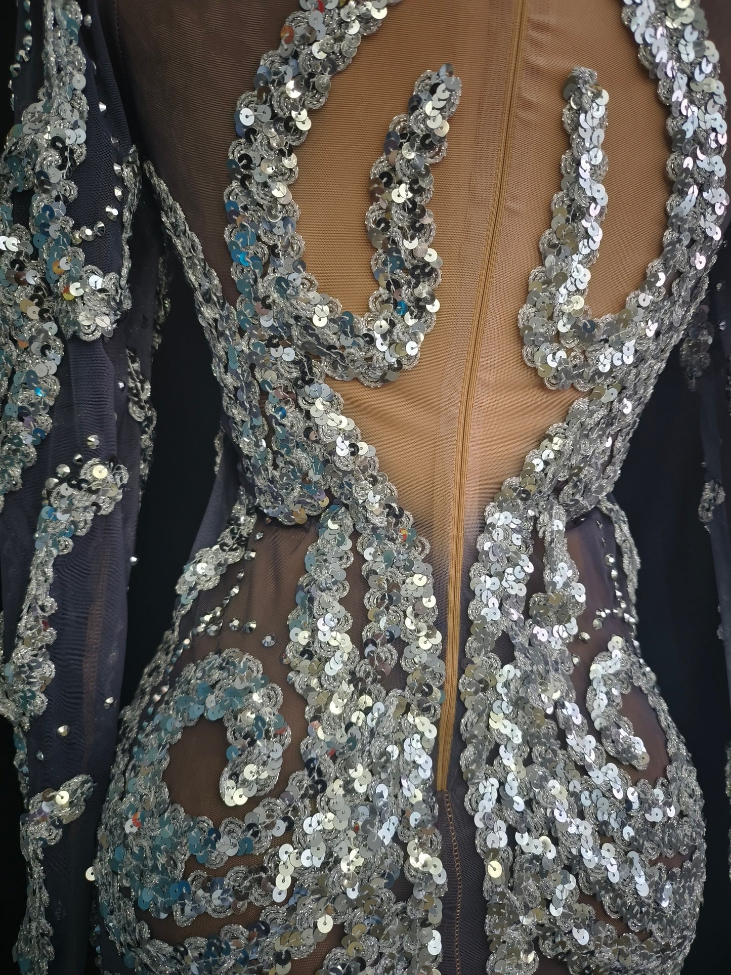 Shibei Sparkling Rhinestone Mesh See Through Long Sleeved Dress