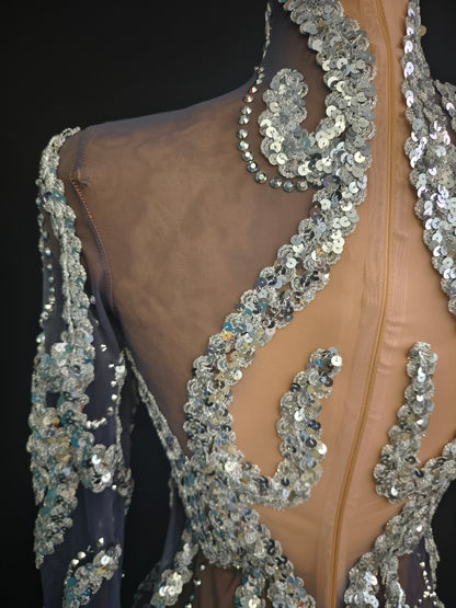 Shibei Sparkling Rhinestone Mesh See Through Long Sleeved Dress