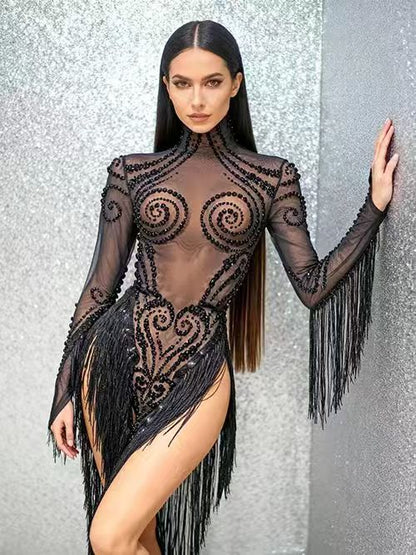 Heitao Black Sequin Tassel Rhinestone Long Sleeved Dress