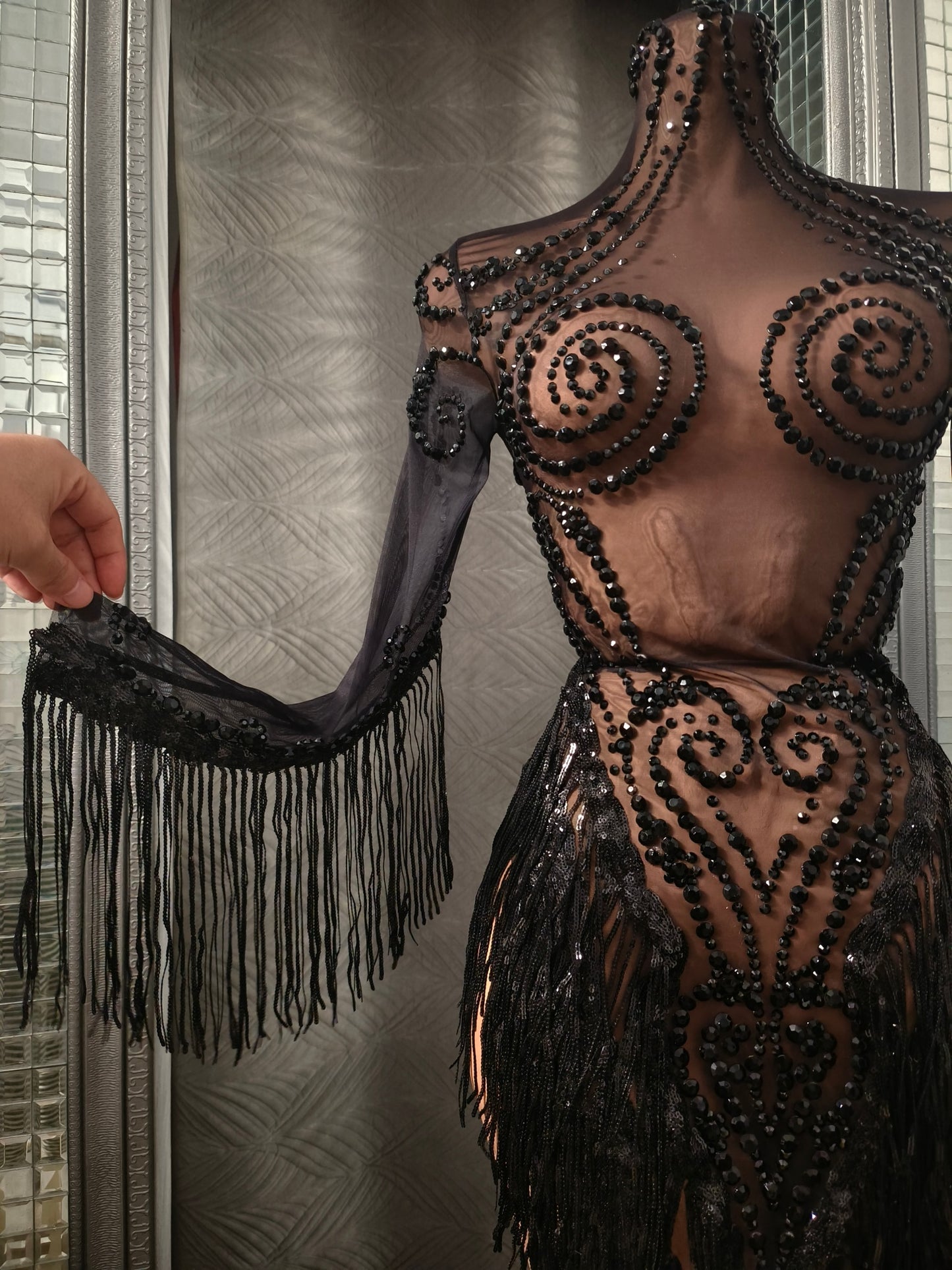 Heitao Black Sequin Tassel Rhinestone Long Sleeved Dress