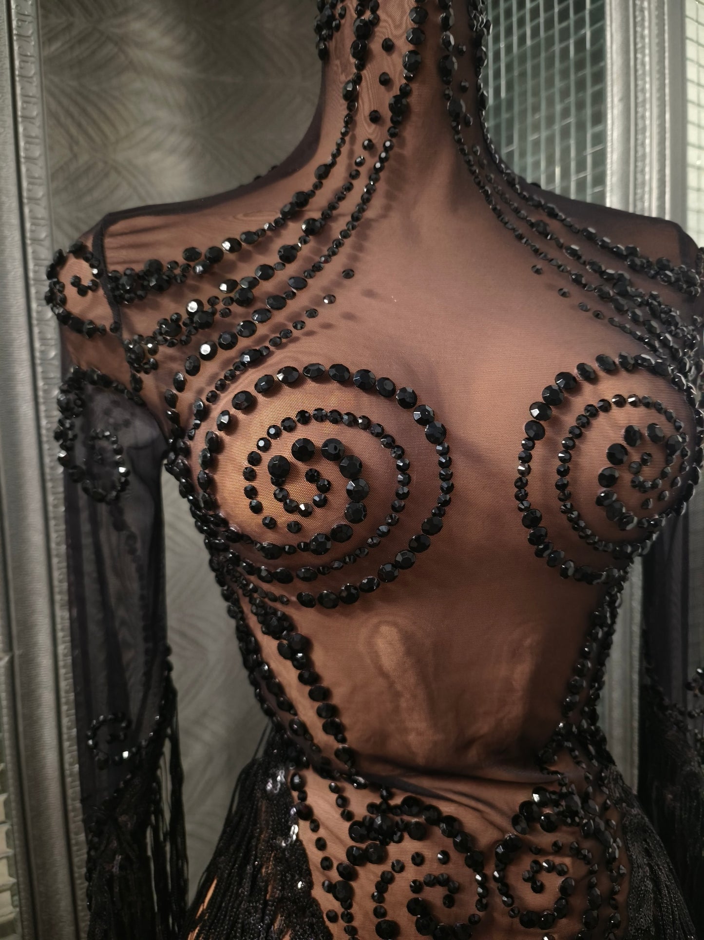 Heitao Black Sequin Tassel Rhinestone Long Sleeved Dress