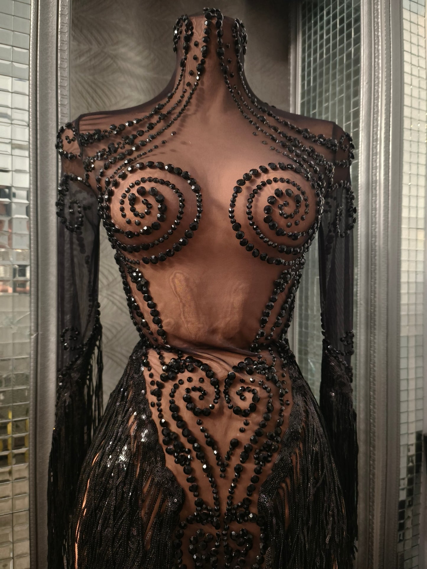 Heitao Black Sequin Tassel Rhinestone Long Sleeved Dress