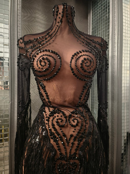 Heitao Black Sequin Tassel Rhinestone Long Sleeved Dress