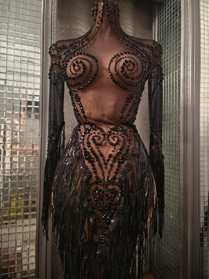 Heitao Black Sequin Tassel Rhinestone Long Sleeved Dress