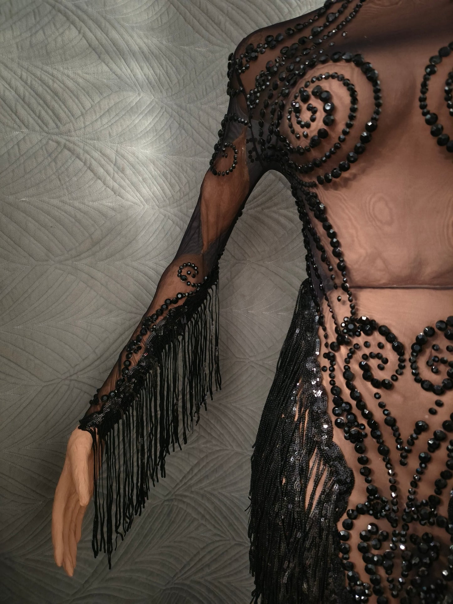 Heitao Black Sequin Tassel Rhinestone Long Sleeved Dress