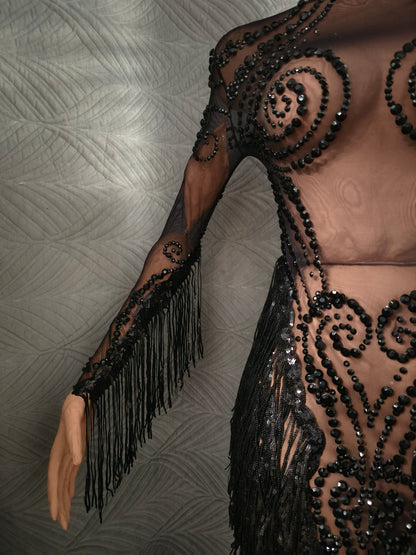 Heitao Black Sequin Tassel Rhinestone Long Sleeved Dress