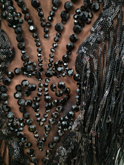 Heitao Black Sequin Tassel Rhinestone Long Sleeved Dress