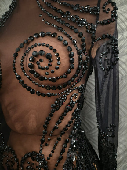 Heitao Black Sequin Tassel Rhinestone Long Sleeved Dress