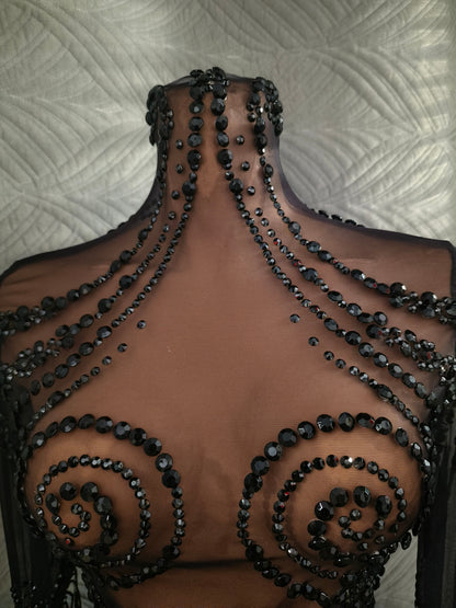 Heitao Black Sequin Tassel Rhinestone Long Sleeved Dress