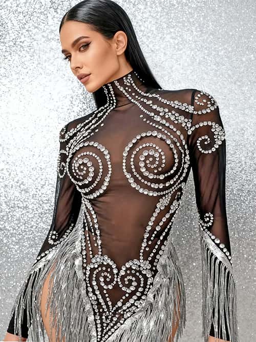 Heitao Silver Sequin Tassel Rhinestone Long Sleeved Dress