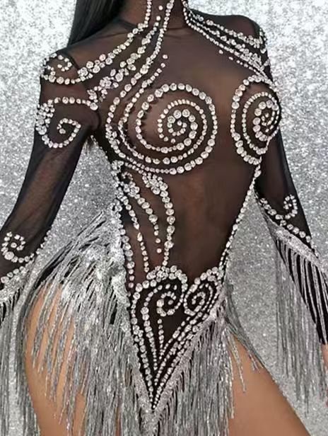 Heitao Silver Sequin Tassel Rhinestone Long Sleeved Dress