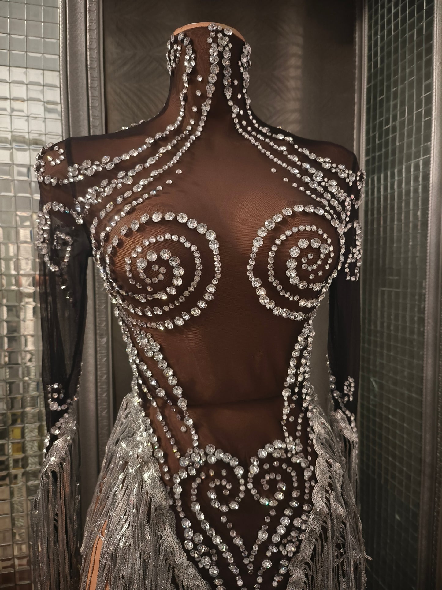 Heitao Silver Sequin Tassel Rhinestone Long Sleeved Dress