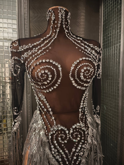 Heitao Silver Sequin Tassel Rhinestone Long Sleeved Dress