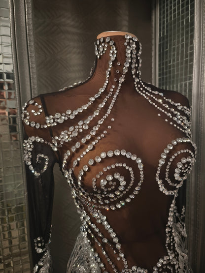 Heitao Silver Sequin Tassel Rhinestone Long Sleeved Dress