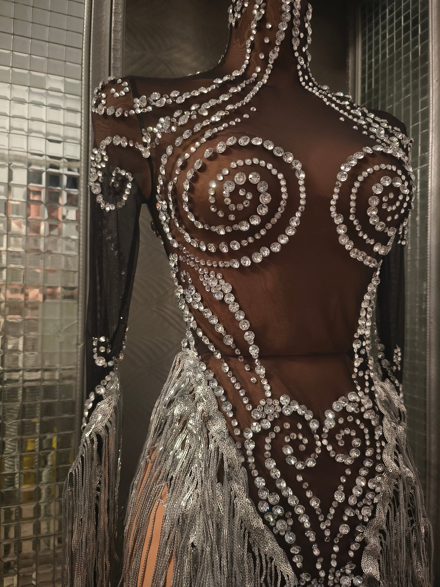 Heitao Silver Sequin Tassel Rhinestone Long Sleeved Dress