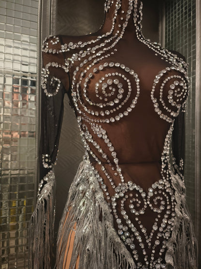 Heitao Silver Sequin Tassel Rhinestone Long Sleeved Dress