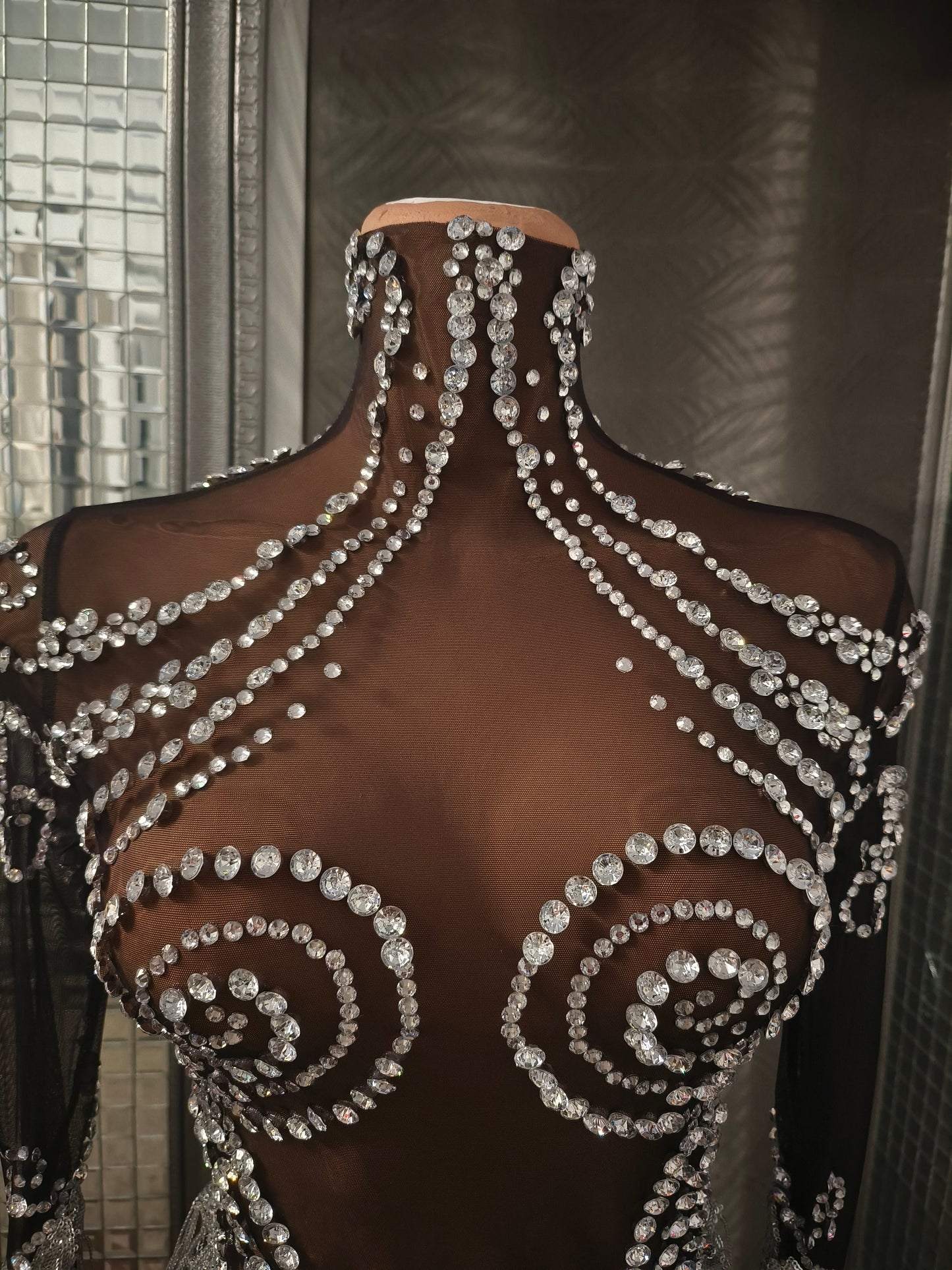 Heitao Silver Sequin Tassel Rhinestone Long Sleeved Dress