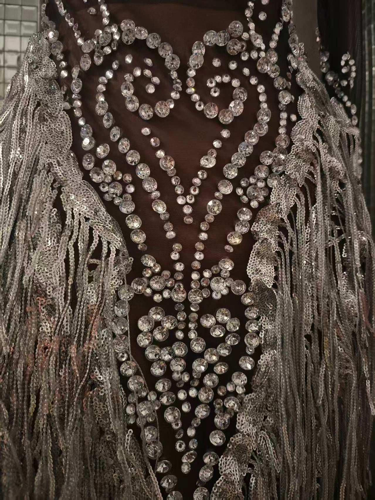 Heitao Silver Sequin Tassel Rhinestone Long Sleeved Dress