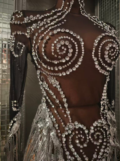 Heitao Silver Sequin Tassel Rhinestone Long Sleeved Dress