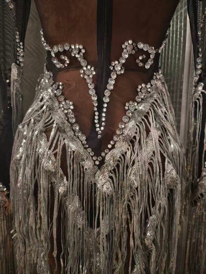 Heitao Silver Sequin Tassel Rhinestone Long Sleeved Dress