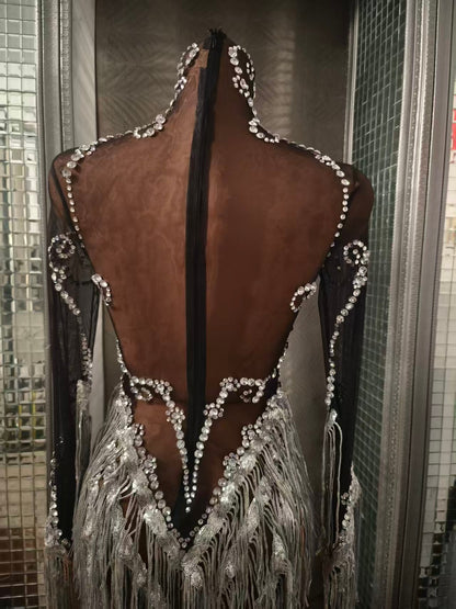 Heitao Silver Sequin Tassel Rhinestone Long Sleeved Dress