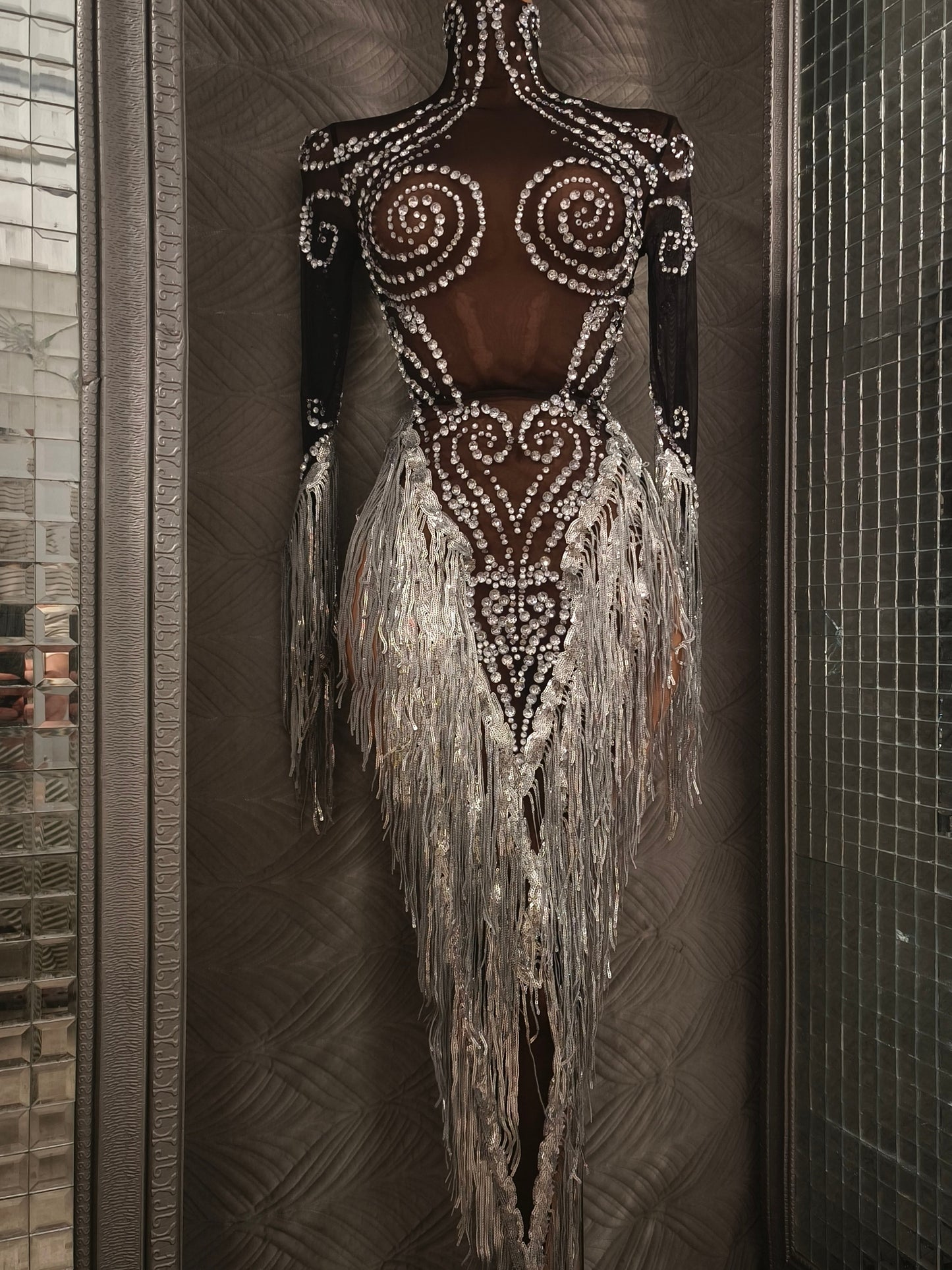 Heitao Silver Sequin Tassel Rhinestone Long Sleeved Dress