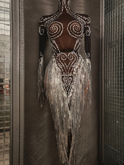 Heitao Silver Sequin Tassel Rhinestone Long Sleeved Dress