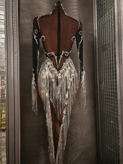 Heitao Silver Sequin Tassel Rhinestone Long Sleeved Dress