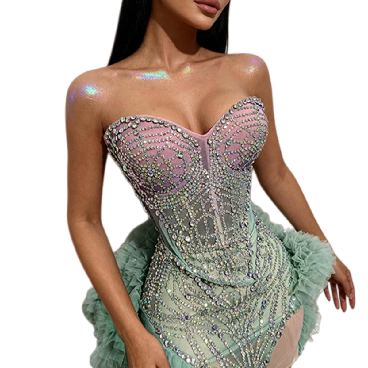 CELESINYI Jiemo Rhinestone Pink Ruffle Mini Dress