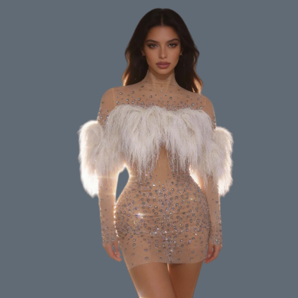 CELESINYI Lianxi Crystal White Feather Bodysuit