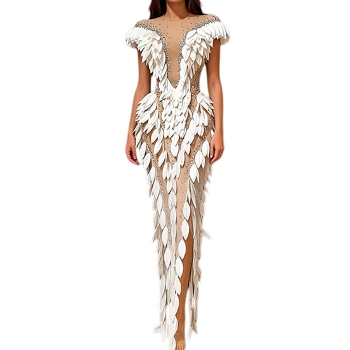 CELESINYI Baige Crystal White Feather Mermaid Gown