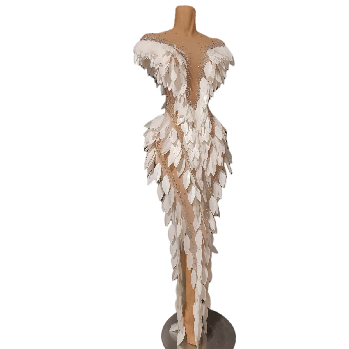 CELESINYI Baige Crystal White Feather Mermaid Gown
