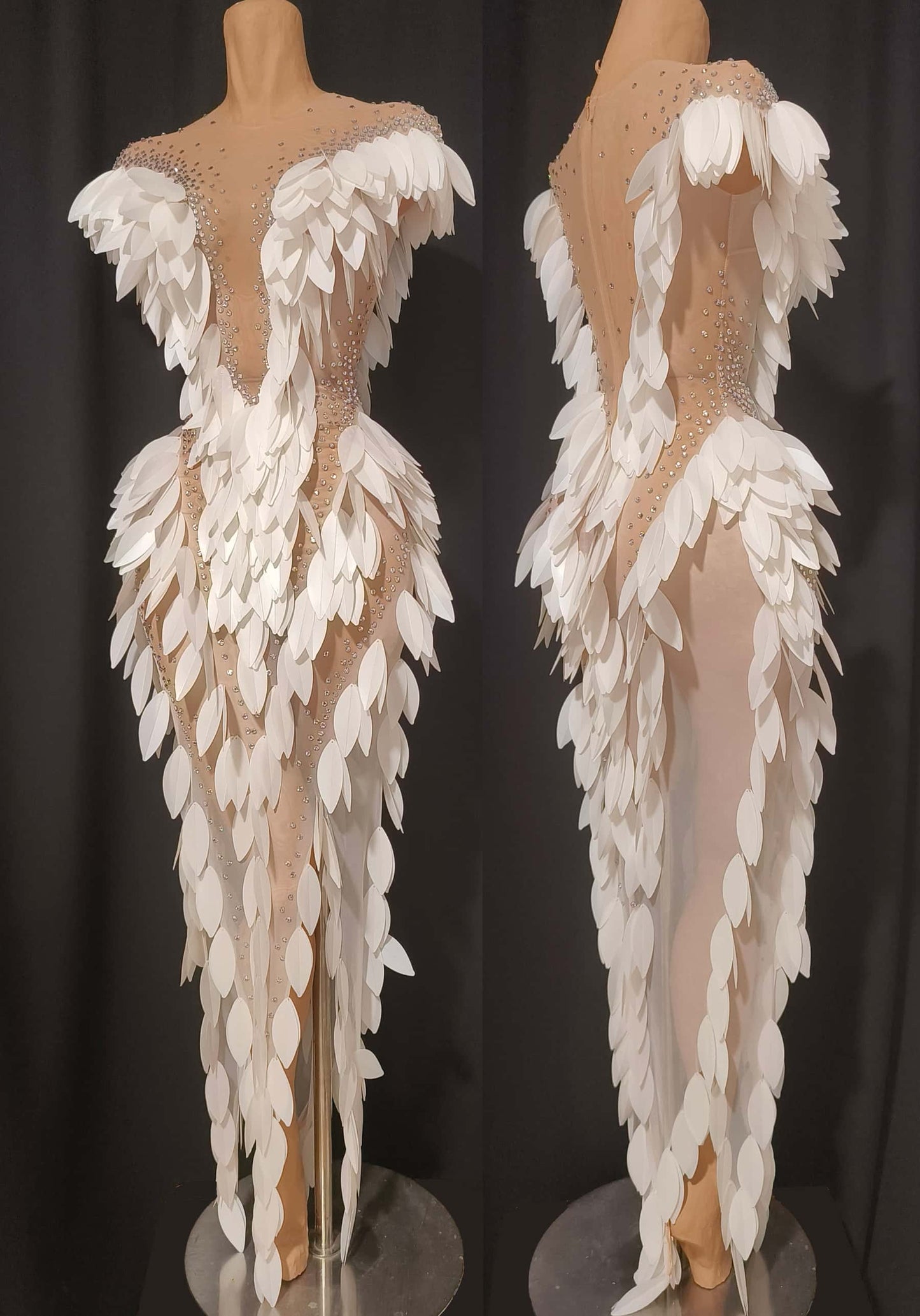 CELESINYI Baige Crystal White Feather Mermaid Gown