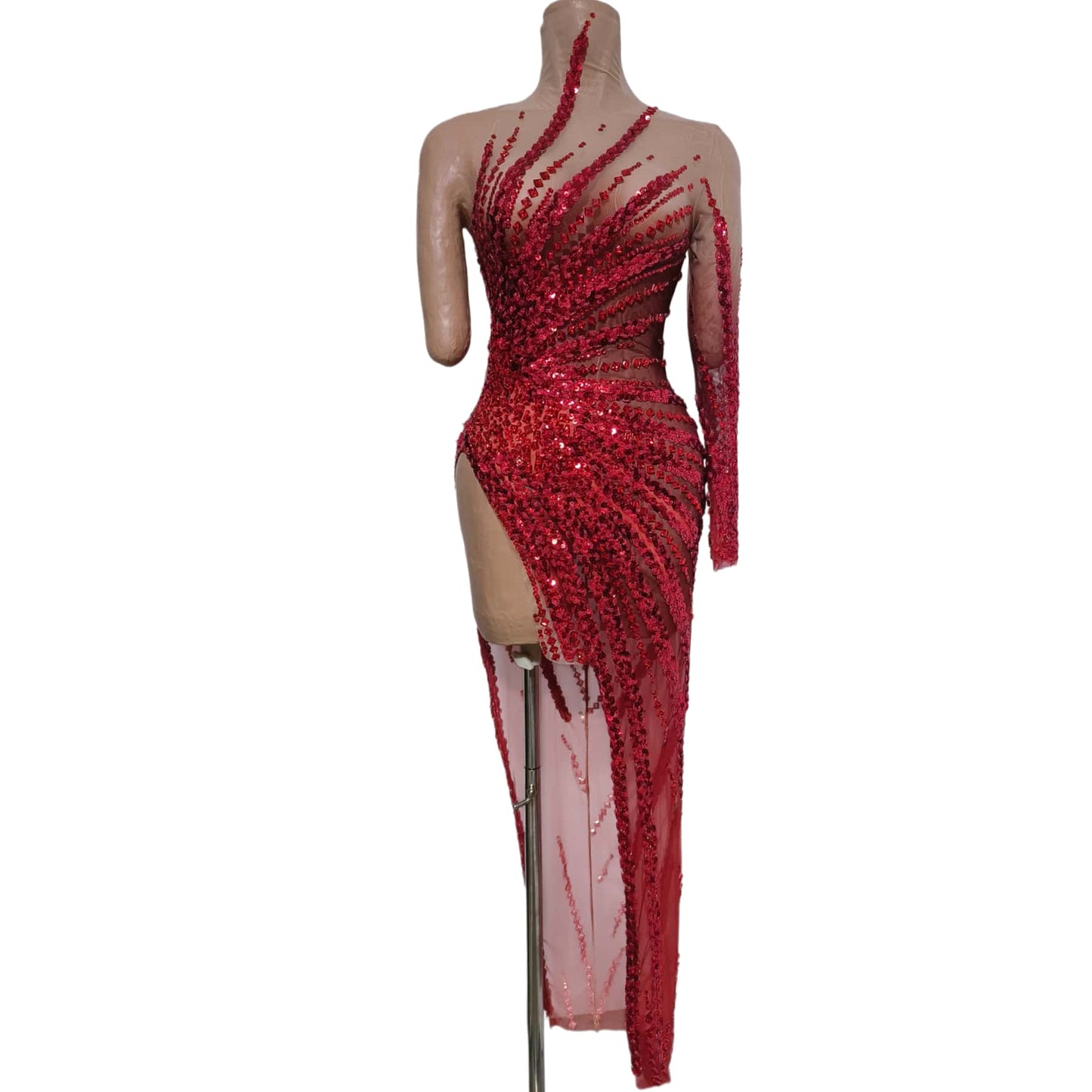 CELESINYI Xuejiang Crystal Red Asymmetric Gown