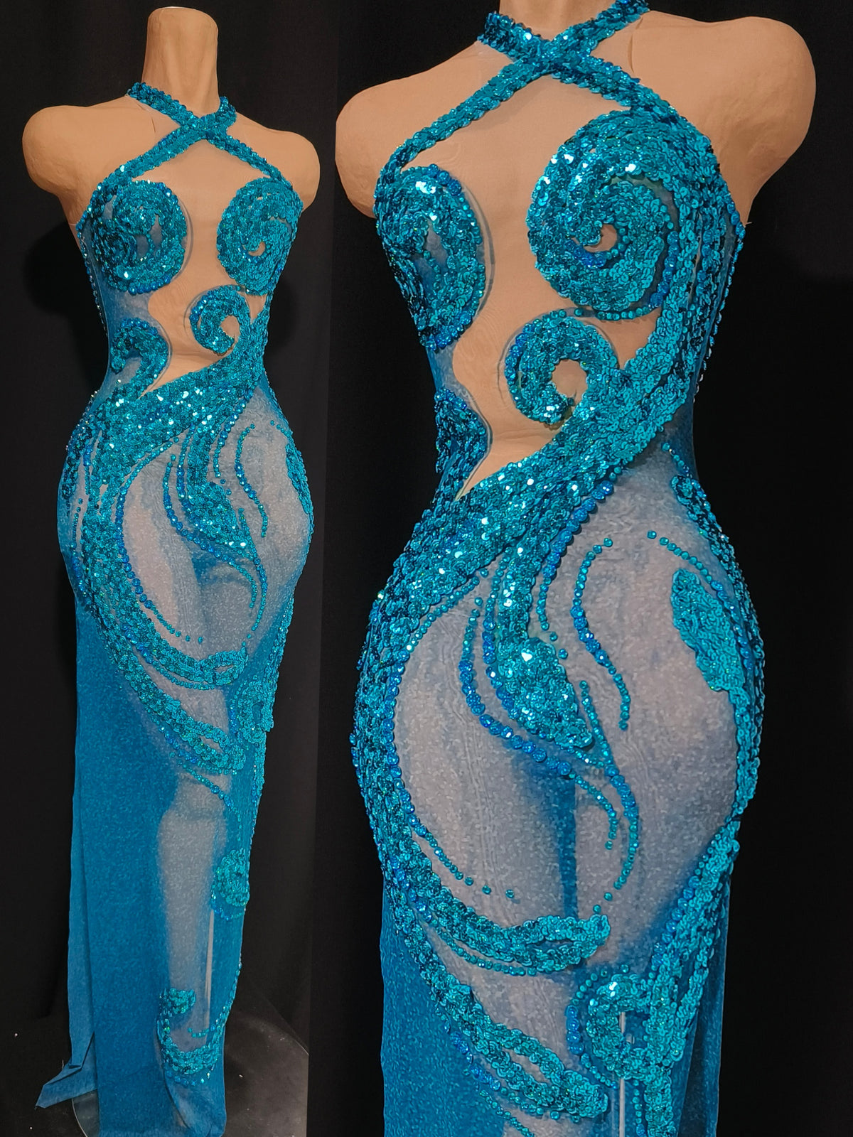 CELESINYI Botao Crystal Teal Mermaid Gown
