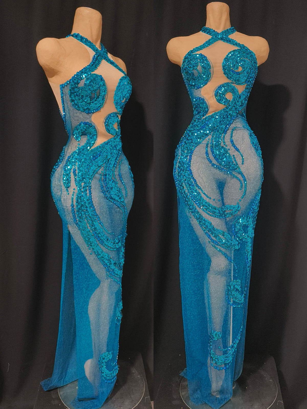 CELESINYI Botao Crystal Teal Mermaid Gown