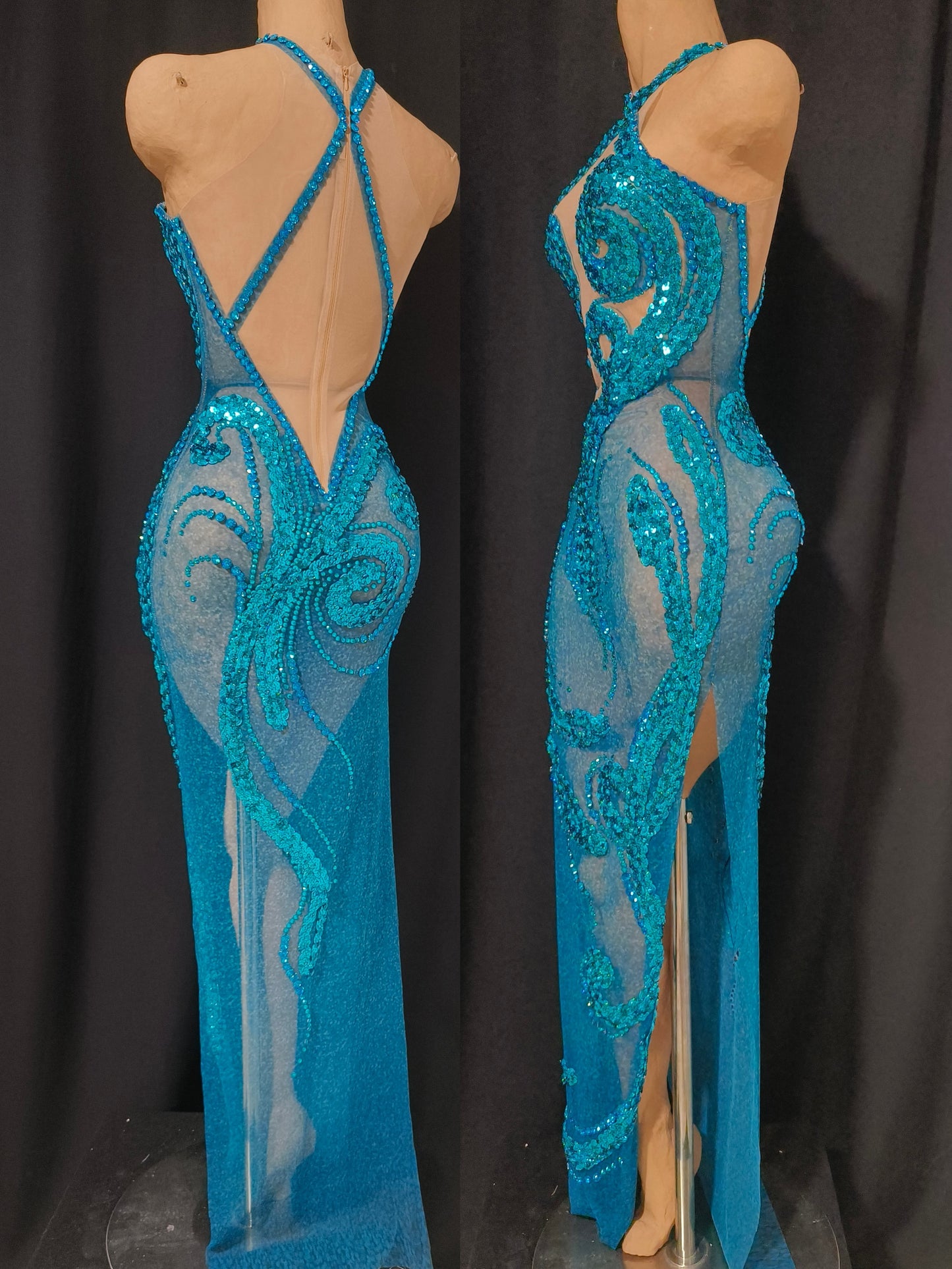CELESINYI Botao Crystal Teal Mermaid Gown