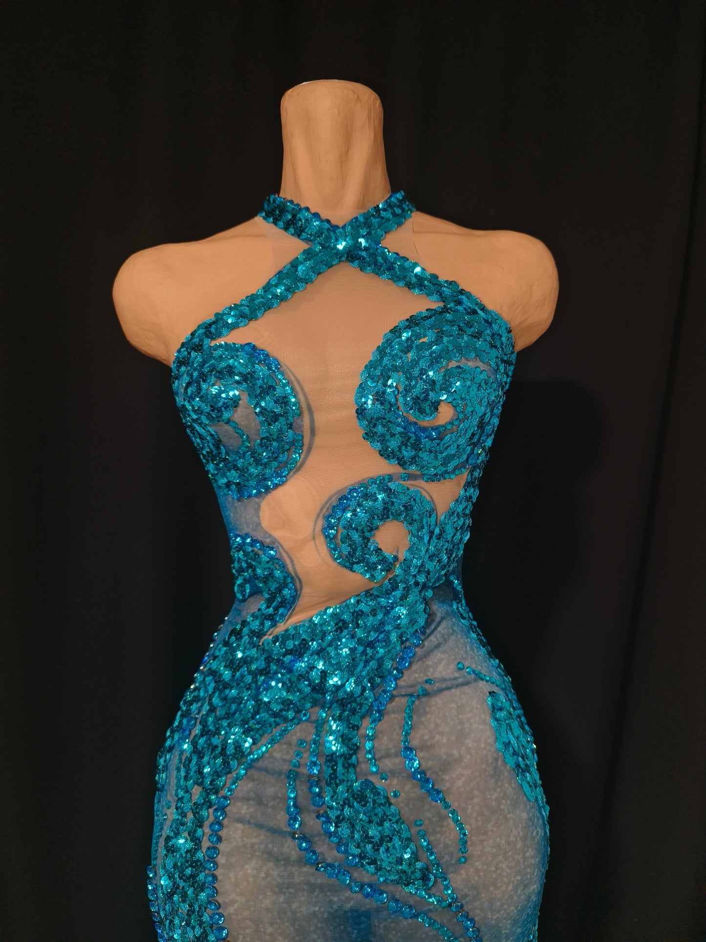CELESINYI Botao Crystal Teal Mermaid Gown