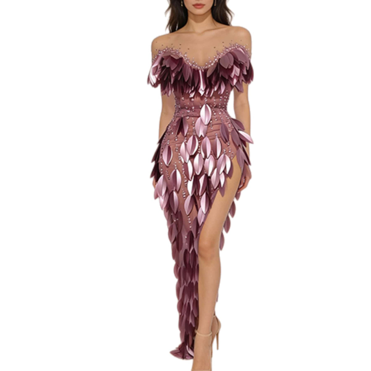CELESINYI Chanmian Crystal Rose Leaf Mermaid Gown